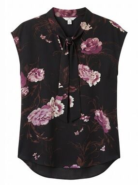 Camber & Grace Floral Tie-Neck Cap Sleeve Blouse - Black with Purple Floral